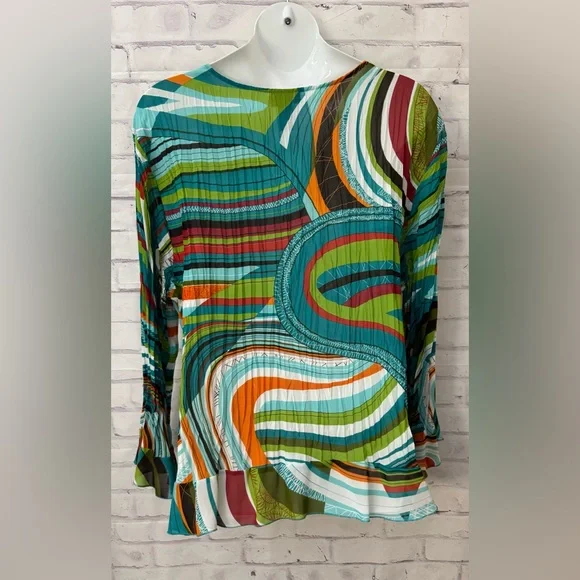 Maggie Barnes Plus 4X 30/32W Chiffon Striped Lace Sequin Peplum Blouse Pleats - Picture 5 of 8